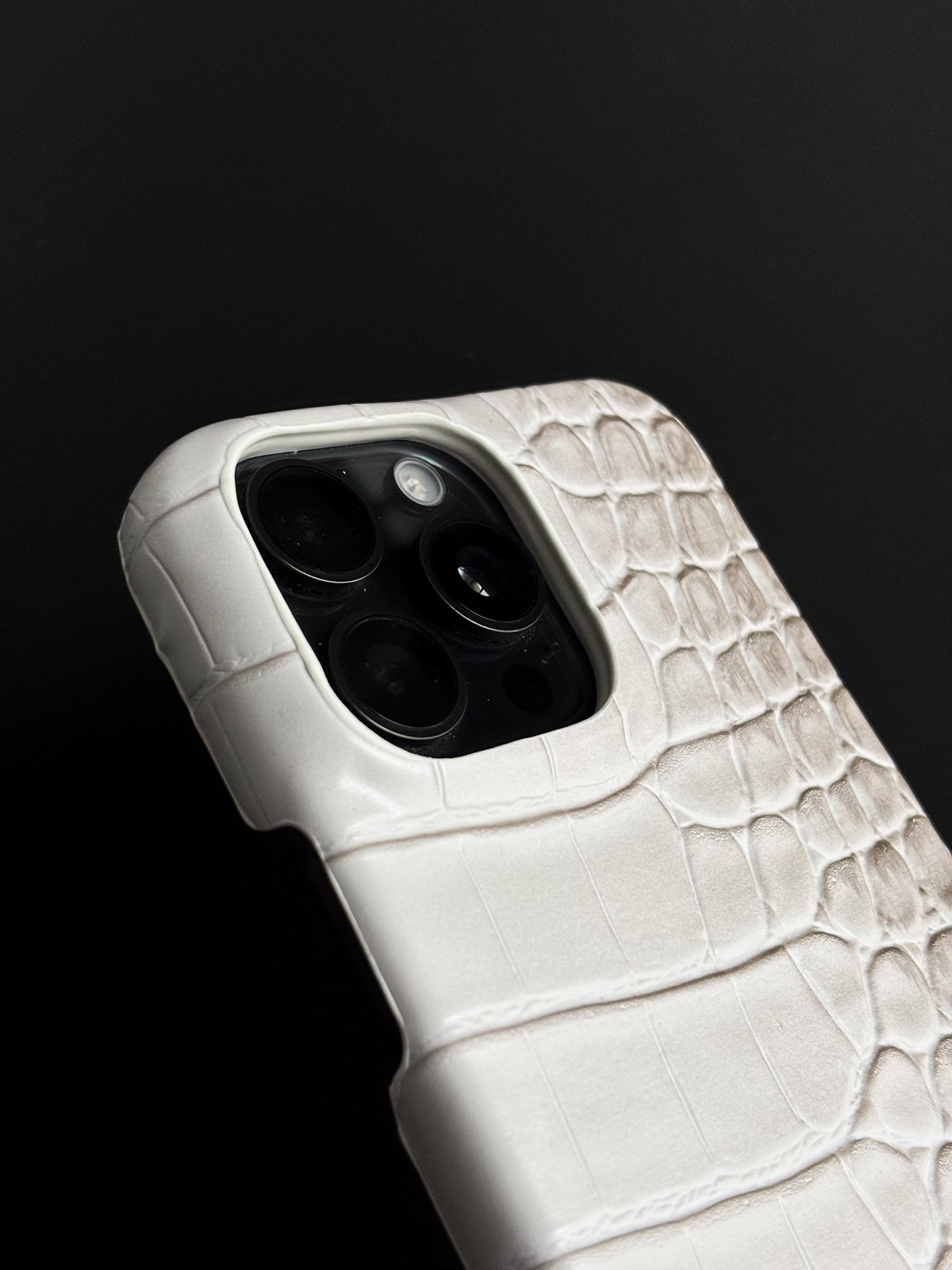 Біло-сірий чохол Gator Skin для iPhone — крупний план вирізу під камеру та рельєфу