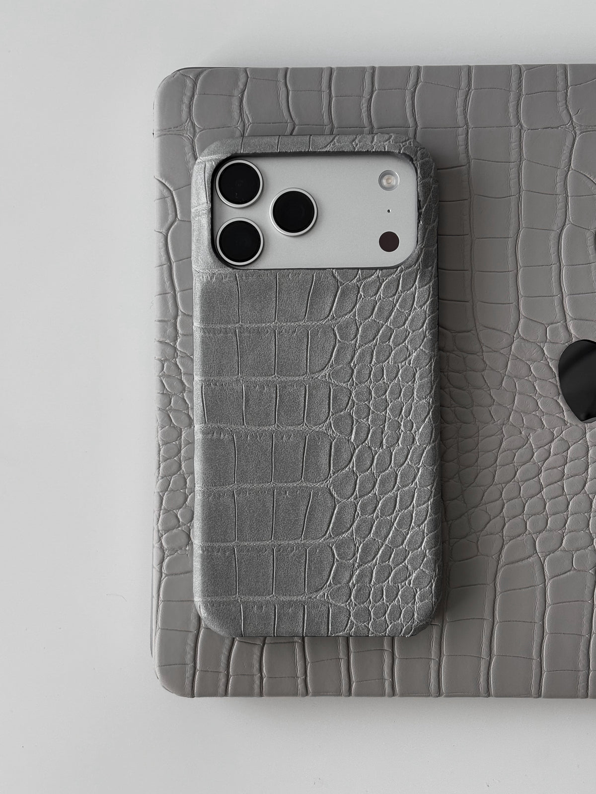 Сірий чохол Gator Skin для iPhone на сірому чохлі для MacBook із такою ж фактурою